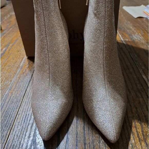 Size 7 Perphy Gold Metallic Glitter Pointed Toe Chunky Heel Ankle Boots Booties - Picture 10 of 10